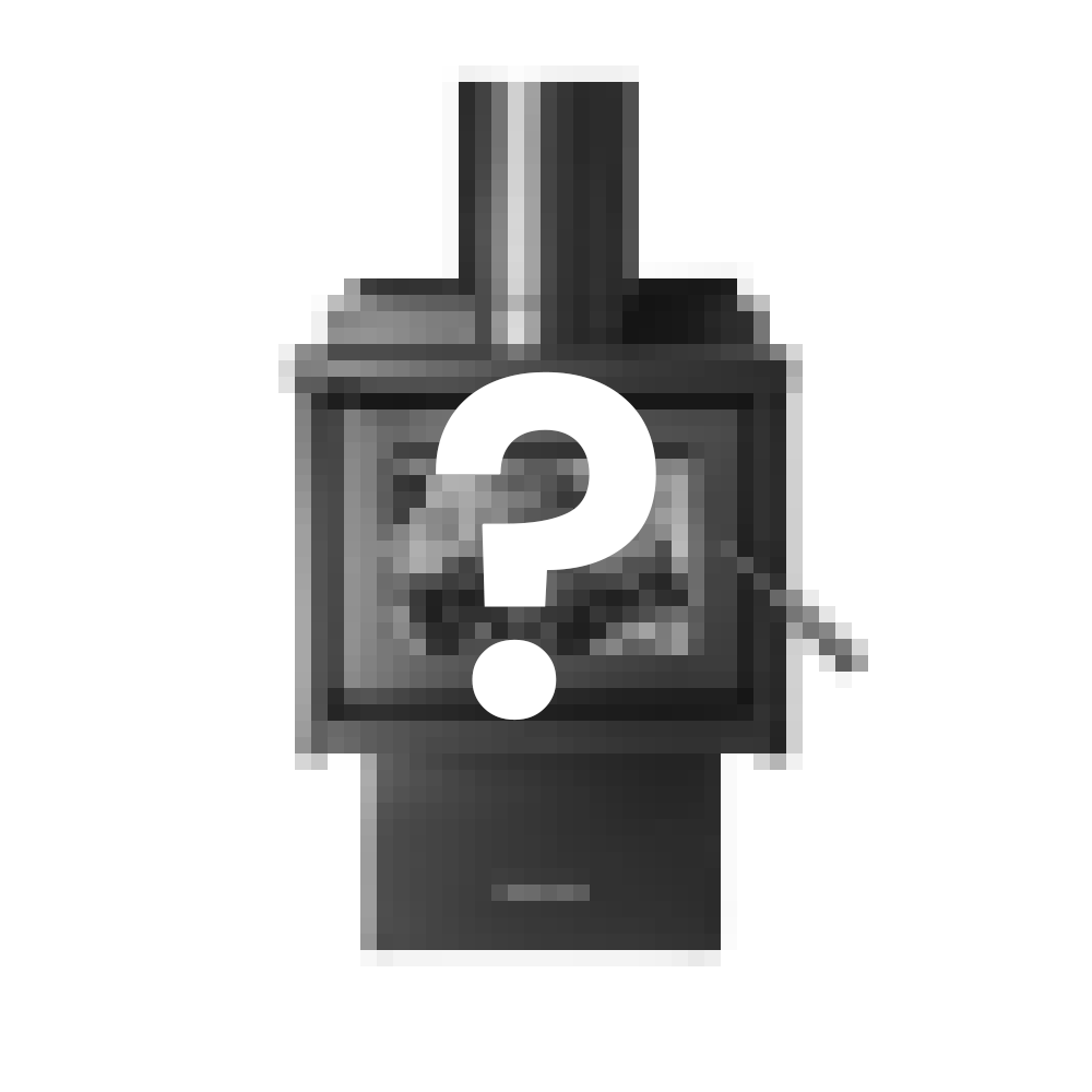 Graphic of a woodburner with question mark symbol. 