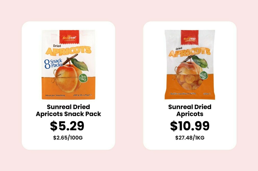 Sunreal dried apricots unit pricing comparison.