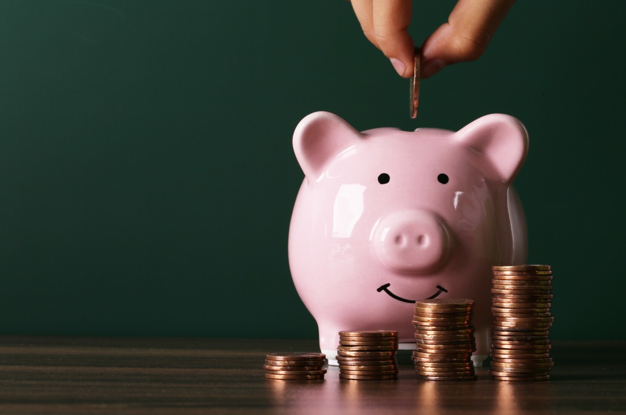 Person putting coin into piggy bank